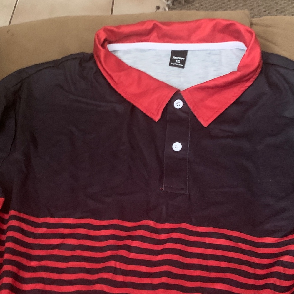 Hanes Men's Polo Shirt - Red and Black Stripes